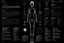 Placeholder: Minimalist infographic of a human, alien-made, extraterrestrial design, clear and legible lorem ipsum text, black grainy background, big text, strange glyphs, text-heavy, high quality, minimalist, alien design, clear and legible, grainy texture, infographics, extraterrestrial layout, detailed text, minimalist design, professional, atmospheric lighting