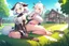 Placeholder: Farm, green grass, house, girl,white hair , sit on grass, cow's tail, cow's horne , cow's under, pink stomach, sweats,four breasts