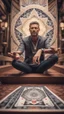 Placeholder: mandala style framed playing card illustration, close up portrait of a man sitting atop a house of cards, arms stretched up, posing for photo shoot in stairs and bridges woven into a sacred geometry , bokeh like f/0.8, tilt-shift lens 8k, high detail, smooth render, down-light, unreal engine, prize winning