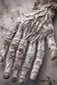 Placeholder: A big hand of a giant human textured with white powder and muddy skin with cracks and corrosion