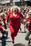 Placeholder: an obese terrified blonde woman in a red pant suit desperately running away from an angry mob of hundreds of people chasing her from far behind