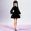 Placeholder: Barbie doll as Wednesday addams, braids, bangs, haute couture, wearing black fur