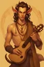 Placeholder: A handsome yellowish skin tiefling bard with a lute in hand wearing no shirt and lots of jewellery