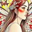 Placeholder: A close-up headshot of a woman with long brown hair, red eyes, fuzzy moth antennae, and Japanese Silk Moth moth wings on her back, watercolor, intricately detailed, high definition, 4k, anime, forest background