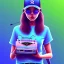 Placeholder: a girl wearing a baseball cap holding a small boombox in her hand, full shot. paint splashes, outrun, vaporware, shaded flat illustration, digital art, trending on artstation, highly detailed, fine detail, intricate