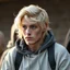 Placeholder: cool blonde hair blonde eyes guy yound in a hoody talking about philiophy ton his friends, avatar style life realism