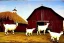 Placeholder:  different Goats with different colors colors posing on a farm with a barn by Dali