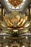 Placeholder: A giant lotus flower sculpture with intricate gold patterns, placed in a luxurious shopping mall atrium, surrounded by reflective water pools and soft ambient lighting. 3D metallic finish, Indian and Asian heritage theme."