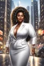 Placeholder: Create a digital airbrush cartoon of a plus size African American female wearing a white business suit with white heels. Prominent make up with hazel eyes. Highly detailed very long extremely curly black hair. She is wearing silver and diamond Jewely that shines of the lights. Her skin is smooth and silky. Background of a busy city street