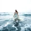 Placeholder: Born of the Ocean walking looking at camera in Ocean Where the sea becomes a gown and every wave moves with her. A moment of gown in waves ,