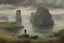 Placeholder: cloudy grey day, few distant cliffs, philosophic and trascendent influence, unforgettable landscape, superTux videogames influence, rocks, videgame landscapes influence, epic, one person, distant mountains, rodolphe wytsman, jenny montigny, and friedrich eckenfelder impressionism paintings