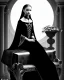 Placeholder: A young vampire girl sitting on a great throne, black and white