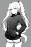 Placeholder: blonde girl with ponytails dressed in a jacket and shorts walks proudly, greyscale