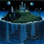 Placeholder: Tall towers on an island in the middle of the ocean in nighttime painted by M.C. Escher