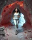 Placeholder: make a picture pretty crystal cave covered with jwells and 3d recursive cubic and sphere base pearls and Gemstone species, a beautiful goddess lady with curvy hair,makeup, in pretty modern today pants and loose shirt and sport shoes with jewels is running inside cave ,dynamic camera fallow her inside cave capturing full body, dynamic lights.