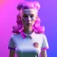 Placeholder: waitress teenager, color makeup, pink hair, coffee cup, rounded face, shirt, vibrant color, cyberpunk style, highly detailed, art stations, concept art, smooth, unreal engine 5, god rays, ray tracing, RTX, lumen lighting, ultra detail, volumetric lighting, 3d, finely drawn, high definition, high resolution, gradient background