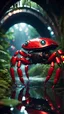 Placeholder: magazine cover, metallic red crab robot chivalry knight with cute face in dark lit reflective wet jungle metallic hall dome hotel tunnel, in the style of fallout 4 game,bokeh like f/0.8, tilt-shift lens 8k, high detail, smooth render, down-light, unreal engine, prize winning