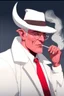 Placeholder: An old male crimson red tiefling wearing a white, he has a white mustache.