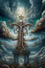 Placeholder: portrait of a cross with octopus arms outstretched up towards heaven, hair standing straight up, fluffy clouds,white pupils, elaborate cape, angels and demons, fireflies , staircase with closed gates of heaven, 4 k, down light, depth of field, trending on art station, high detail, cracked ground