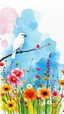 Placeholder: a smear . Field of wild a colorful flowers watercolor drawing on a blue splash colors background with a beautiful white bird on a tree branch
