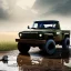 Placeholder: hyperrealistic shot, muddy military toy truck, monotone color palette, sharp focus, puddle reflection, tire water splash, refraction, mist on the horizon, shadowcast, detailed and intricate, cinematic composition