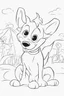 Placeholder: blank colouring book, white background, simple picture for toddlers, dog with one tail, four legs, smile on face, disney and pixar style