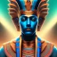 Placeholder: 3D close-up of a Egyptian god Iside, high contrast, glowing backlighting, blue and red backlighting, vibrant hair, dark brown eyes, sharp focus, face painting, background blur.