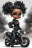 Placeholder: Create a digital airbrush illustration of a chibi cartoon full figure black female riding a sports motorcycle. She is wearing tie dye and black tights with biker boots. Prominent make up with log lashes and hazel eyes. Extremely highly detailed black shiny wavy hair up in a messy bun. Background of smoke surrounding her and the bike and she's at a bike show.