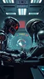 Placeholder: Arnold the terminator and the alien predator playing chess inside a space ship control room