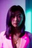 Placeholder: Young asian woman, sci-fi, purplr hair, gold eyes, gold jewelry, elegant hair, retro neon style, a lot of led lights, fog, rain, leather, vibrant color, highly detailed, art stations, concept art, smooth, unreal engine 5, god rays, ray tracing, RTX, lumen lighting, ultra detail, volumetric lighting, 3d, finely drawn, high definition, high resolution.