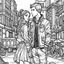 Placeholder: Cyberpunk style, coloring book page, cartoon modern style, couple love in city, whole couple view