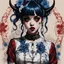 Placeholder: wears a smart shirt which is embroidered with bluered flowers and ornaments, has dark eyes and horns,Poster in two gradually, a one side malevolent goth vampire girl face and other side the Singer Melanie Martinez face, full body, painting by Yoji Shinkawa, darkblue and sepia tones,