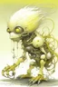 Placeholder: Artist Jean-Baptiste Monge style. A mechanical humanoid pale yellow filament-creature. White furry liquid tendrils. White eyes.