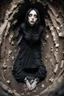 Placeholder: Closeup tall Girl goth with big eyes, ragged clothes, fullbody, claustrophobic really, crushed inside, the perspective looking up from the bottom of an empty well , 8k,macro photography,