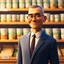 Placeholder: Disney pixar 3D style tan skin middle aged man with crew cut hair wearing thin round glasses and suit in food background smiling