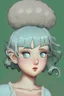 Placeholder: woman, short hair, curly hair, light blue hair, light green eyes, chubby shape, fat body, white skin, hollowed shirt, smile,