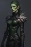 Placeholder: female snake humanoid, green scales, wearing a black leather armor, dungeons and dragons