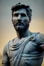 Placeholder: Ultra Realistic image, roman sculpture, deluxe marble material, Lionel Messi, gold Laurel wreath, Renaissance style, miguel angel David style, chisel style, emperor, waist up portrait, epic, celestial, cinematic lighting, God light, god rays, 4k resolution, smooth details, ornate details, unreal engine 5, blue vibrant background.