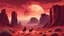 Placeholder: red cloudy sky, planet in the sky, red rocks, mountains, sci-fi, influenced by spaghetti westerns colours and tone. have a lone Mexican cowboy ridding horse back down the middle of the frame small compared to the large red cliffs and remanent of giant robots