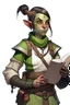 Placeholder: Dungeons and dragons half orc tomboy. She has green skin and pointy ears. She is kind. She had a wide face. She has short hair. She carries a book. She is in a tavern. Realistic style