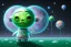 Placeholder: green alien in the style of mark ryden, (big black oval eyes), silver spacesuit, martian, raygun, 2d render icon, cute, sticker art, vibrant colors, moon surface bg, south park, centered full body in center of frame, smooth, (hello kitty art), minimal detail, bright lighting