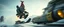 Placeholder: close up on gnome troll hit man with rocket boots in suit on a mech sled doing jumping stunt in winter wasteland, style of fallout 4, high speed with motion blur, on elevated road, beard blown into his face