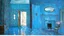 Placeholder: Image is a painting titled 'Blue Room' from 1960, measuring 28 by 50 inches. It depicts an interior scene with a predominantly blue color palette. The room features a patterned blue wallpaper with red floral designs. On the left, an open door reveals a bright light source, casting a warm glow into the room. The floor is a reflective blue, enhancing the room's cool tone. A large, oval mirror hangs above a simple fireplace on the right wall, which is adorned with a subtle geometric pattern. To the