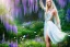 Placeholder: Fantasy cute elf with transparent wings, smiling, make up, long blond platinum hair, blue eyes, crown, beautiful dress, wisteria flowers and mushrooms in background, HQ, high key lighting, volumetric light high details