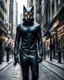 Placeholder: full body portrait of the catman with stylized mask on his eyes and forehead.conceptual art, hyper detailed, ultra quality, 12k walking in the city