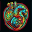 Placeholder: FLAT VECTOR LAYERED 2-D MULTICOLORED COMPLIMENTARY NEON MECHANICAL HUMAN HEART, METALLIC,