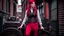 Placeholder: body portrait of a woman with straight shoulder-length red hair, with metal arms and legs, dressed in leather trousers, and a waistcoat, in a Victorian street next to a steampunk carriage, full colour