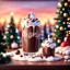 Placeholder: Arts work of beautiful design, Christmas chocolate drink with mashmallow, spruces, sunset, flat illustration, vibrant, vintage drawing, bokeh background, 8k , DSLR camera Sony Alpha 7 50mm 1.8,medium shot,high-resolution image with fine details,ultra detailed, ultra realistic, extremely realistic, intricate, photorealistic, epic composition, masterpiece