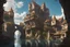 Placeholder: medieval buildings with balconies overhanging lake edge with blue sky and people, photorealism detailed matte painting, fantastical, intricate detail, splash screen, concept art