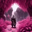 Placeholder: [fractal art: Mandelbulb 3d] seen from outside: a stone samurai at the entrance of a cave surrounded by a fractal field of thousands of pink ferns of all sizes, everywhere on the image